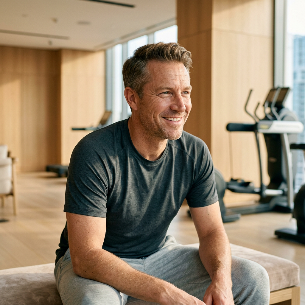 Smiling man seated in a gym after a workout
